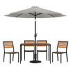 Lark 7 Piece All-Weather Deck or Patio Set - 4 Stacking Faux Teak Chairs, 30" x 48" Faux Teak Table, Gray Umbrella & Base XU-DG-304860364-UB19BGY-GG