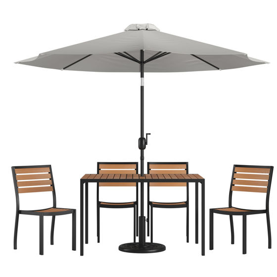 Lark 7 Piece All-Weather Deck or Patio Set - 4 Stacking Faux Teak Chairs, 30" x 48" Faux Teak Table, Gray Umbrella & Base XU-DG-304860364-UB19BGY-GG