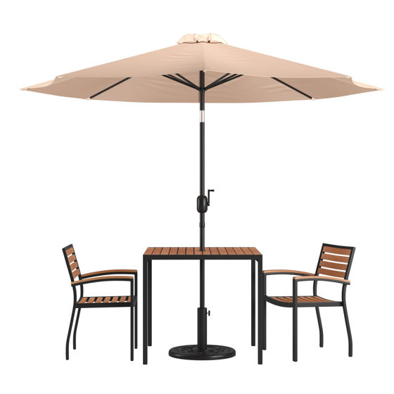 Lark 5 Piece Outdoor Patio Table Set with 2 Synthetic Teak Stackable Chairs, 35" Square Table, Tan Umbrella & Base XU-DG-810060062-UB19BTN-GG