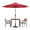 Lark 5 Piece Outdoor Patio Table Set with 2 Synthetic Teak Stackable Chairs, 35" Square Table, Red Umbrella & Base XU-DG-810060062-UB19BRD-GG