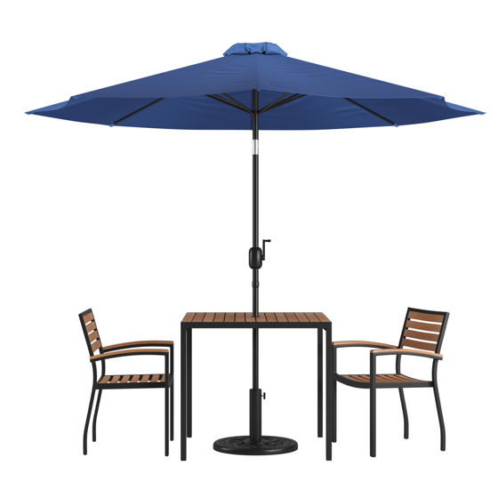 Lark 5 Piece Outdoor Patio Table Set with 2 Synthetic Teak Stackable Chairs, 35" Square Table, Navy Umbrella & Base  XU-DG-810060062-UB19BNV-GG