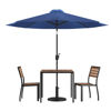 Lark 5 Piece All-Weather Deck or Patio Set-2 Stacking Faux Teak Chairs, 35" Square Faux Teak Table, Navy Umbrella & Base XU-DG-810060362-UB19BNV-GG