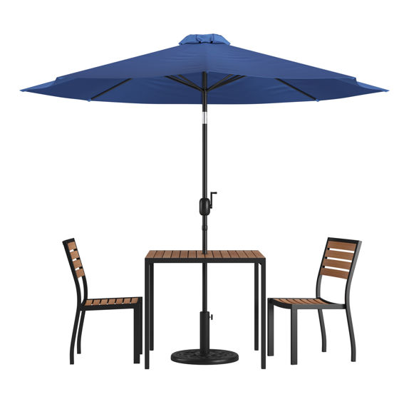 Lark 5 Piece All-Weather Deck or Patio Set-2 Stacking Faux Teak Chairs, 35" Square Faux Teak Table, Navy Umbrella & Base XU-DG-810060362-UB19BNV-GG