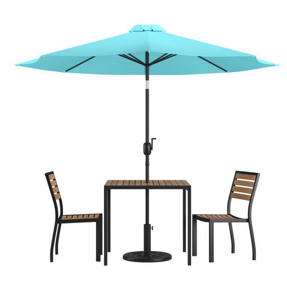 Lark 5 Piece All-Weather Deck or Patio Set-2 Stacking Faux Teak Chairs, 35" Square Faux Teak Table, Teal Umbrella & Base XU-DG-810060362-UB19BTL-GG