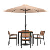Lark 7 Piece Outdoor Patio Table Set with 4 Synthetic Teak Stackable Chairs, 35" Square Table, Tan Umbrella & Base XU-DG-810060064-UB19BTN-GG