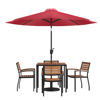 Lark 7 Piece Outdoor Patio Table Set with 4 Synthetic Teak Stackable Chairs, 35" Square Table, Red Umbrella & Base  XU-DG-810060064-UB19BRD-GG