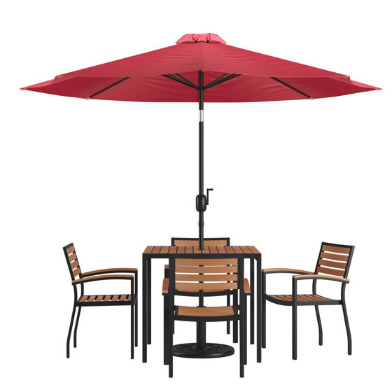 Lark 7 Piece Outdoor Patio Table Set with 4 Synthetic Teak Stackable Chairs, 35" Square Table, Red Umbrella & Base  XU-DG-810060064-UB19BRD-GG