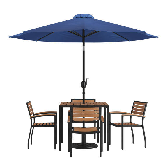 Lark 7 Piece Outdoor Patio Table Set with 4 Synthetic Teak Stackable Chairs, 35" Square Table, Navy Umbrella & Base XU-DG-810060064-UB19BNV-GG