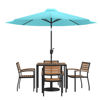 Lark 7 Piece Outdoor Patio Dining Table Set - 4 Synthetic Teak Stackable Chairs, 35" Square Table, Teal Umbrella & Base XU-DG-810060064-UB19BTL-GG