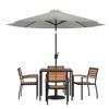 Lark 7 Piece Outdoor Patio Table Set with 4 Synthetic Teak Stackable Chairs, 35" Square Table, Gray Umbrella & Base XU-DG-810060064-UB19BGY-GG