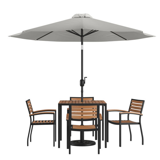 Lark 7 Piece Outdoor Patio Table Set with 4 Synthetic Teak Stackable Chairs, 35" Square Table, Gray Umbrella & Base XU-DG-810060064-UB19BGY-GG