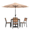 Lark 7 Piece All-Weather Deck or Patio Set - 4 Stacking Faux Teak Chairs, 35" Square Faux Teak Table, Tan Umbrella & Base XU-DG-810060364-UB19BTN-GG