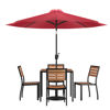 Lark 7 Piece All-Weather Deck or Patio Set - 4 Stacking Faux Teak Chairs, 35" Square Faux Teak Table, Red Umbrella & Base XU-DG-810060364-UB19BRD-GG