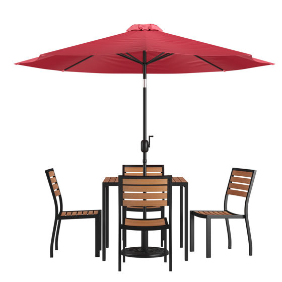 Lark 7 Piece All-Weather Deck or Patio Set - 4 Stacking Faux Teak Chairs, 35" Square Faux Teak Table, Red Umbrella & Base XU-DG-810060364-UB19BRD-GG