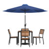 Lark 7 Piece All-Weather Deck or Patio Set-4 Stacking Faux Teak Chairs, 35" Square Faux Teak Table, Navy Umbrella & Base XU-DG-810060364-UB19BNV-GG