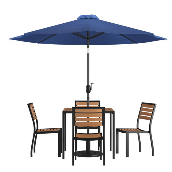 Lark 7 Piece All-Weather Deck or Patio Set-4 Stacking Faux Teak Chairs, 35" Square Faux Teak Table, Navy Umbrella & Base XU-DG-810060364-UB19BNV-GG