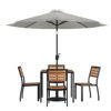 Lark 7 Piece All-Weather Deck or Patio Set-4 Stacking Faux Teak Chairs, 35" Square Faux Teak Table, Gray Umbrella & Base XU-DG-810060364-UB19BGY-GG