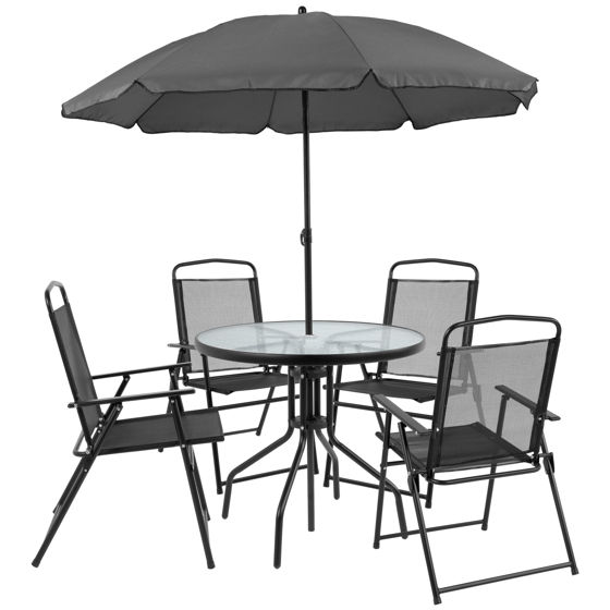 Nantucket 6 Piece Black Patio Garden Set with Umbrella Table and Set of 4 Folding Chairs GM-202012-BK-GG