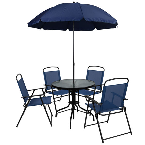 Nantucket 6 Piece Navy Patio Garden Set with Umbrella Table and Set of 4 Folding Chairs GM-202012-NV-GG