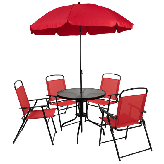 Nantucket 6 Piece Red Patio Garden Set with Umbrella Table and Set of 4 Folding Chairs  GM-202012-RD-GG