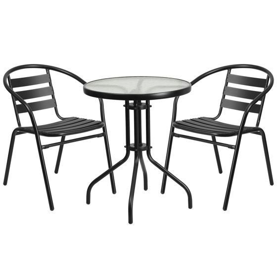 Lila 23.75'' Round Glass Metal Table with 2 Black Metal Aluminum Slat Stack Chairs TLH-071RD-017CBK2-GG