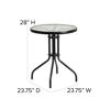 Lila 23.75'' Round Glass Metal Table with 2 Black Metal Aluminum Slat Stack Chairs TLH-071RD-017CBK2-GG
