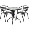 Lila 23.5'' Square Glass Metal Table with 2 Black Metal Aluminum Slat Stack Chairs TLH-0731SQ-017CBK2-GG