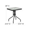 Lila 23.5'' Square Glass Metal Table with 2 Black Metal Aluminum Slat Stack Chairs TLH-0731SQ-017CBK2-GG