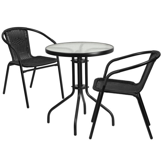 Lila 23.75'' Round Glass Metal Table with 2 Black Rattan Stack Chairs TLH-071RD-037BK2-GG