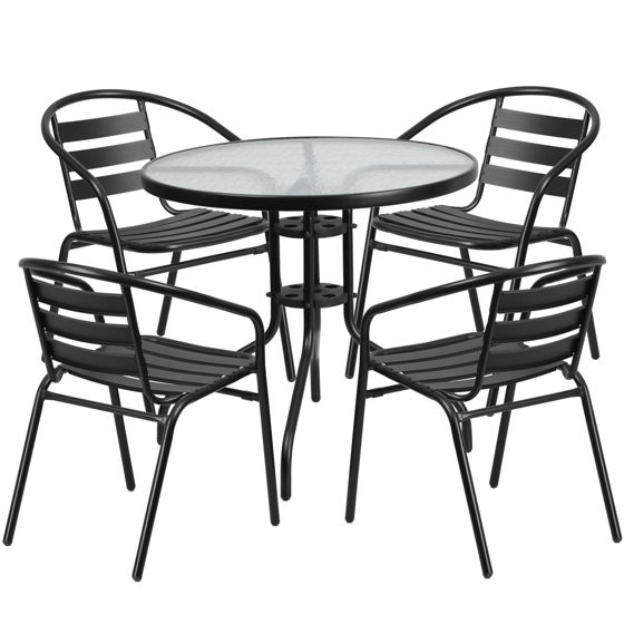 Lila 31.5'' Round Glass Metal Table with 4 Black Metal Aluminum Slat Stack Chairs TLH-072RD-017CBK4-GG