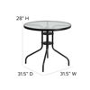 Lila 31.5'' Round Glass Metal Table with 4 Black Metal Aluminum Slat Stack Chairs TLH-072RD-017CBK4-GG