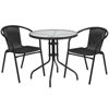 Lila 28'' Round Glass Metal Table with Black Rattan Edging and 2 Black Rattan Stack Chairs TLH-087RD-037BK2-GG