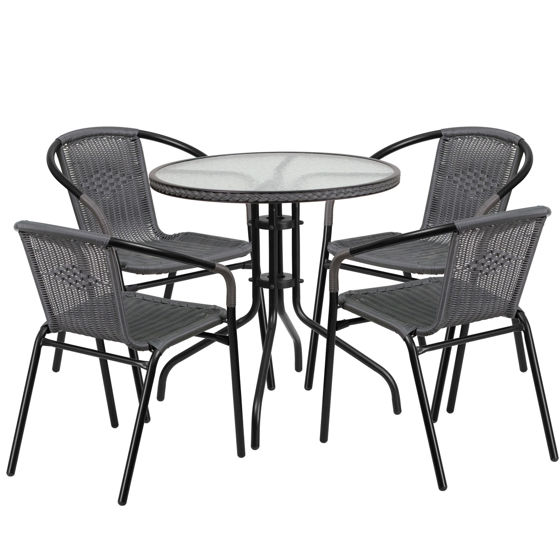 Lila 28'' Round Glass Metal Table with Gray Rattan Edging and 4 Gray Rattan Stack Chairs TLH-087RD-037GY4-GG