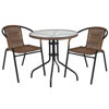 Lila 28'' Round Glass Metal Table with Dark Brown Rattan Edging and 2 Dark Brown Rattan Stack Chairs TLH-087RD-037BN2-GG