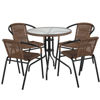 Lila 28'' Round Glass Metal Table with Dark Brown Rattan Edging and 4 Dark Brown Rattan Stack Chairs TLH-087RD-037BN4-GG
