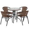 Lila 28'' Round Glass Metal Table with Dark Brown Rattan Edging and 4 Dark Brown Rattan Stack Chairs TLH-087RD-037BN4-GG