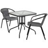 Lila 28'' Square Glass Metal Table with Gray Rattan Edging and 2 Gray Rattan Stack Chairs  TLH-073SQ-037GY2-GG