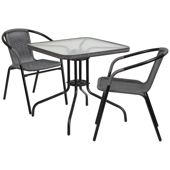 Lila 28'' Square Glass Metal Table with Gray Rattan Edging and 2 Gray Rattan Stack Chairs  TLH-073SQ-037GY2-GG