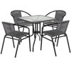 Lila 28'' Square Glass Metal Table with Gray Rattan Edging and 4 Gray Rattan Stack Chairs TLH-073SQ-037GY4-GG