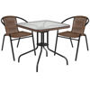 Lila 28'' Square Glass Metal Table with Dark Brown Rattan Edging and 2 Dark Brown Rattan Stack Chairs TLH-073SQ-037BN2-GG