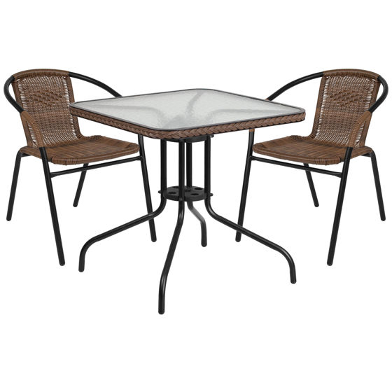 Lila 28'' Square Glass Metal Table with Dark Brown Rattan Edging and 2 Dark Brown Rattan Stack Chairs TLH-073SQ-037BN2-GG