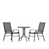 Brazos 3 Piece Outdoor Patio Dining Set - 23.75" Round Tempered Glass Patio Table, 2 Black Flex Comfort Stack Chairs TLH-0701303C-GG
