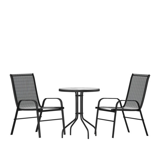 Brazos 3 Piece Outdoor Patio Dining Set - 23.75" Round Tempered Glass Patio Table, 2 Black Flex Comfort Stack Chairs TLH-0701303C-GG