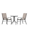 Brazos 3 Piece Outdoor Patio Dining Set - 23.75" Round Tempered Glass Patio Table, 2 Brown Flex Comfort Stack Chairs TLH-0701303C-BN-GG