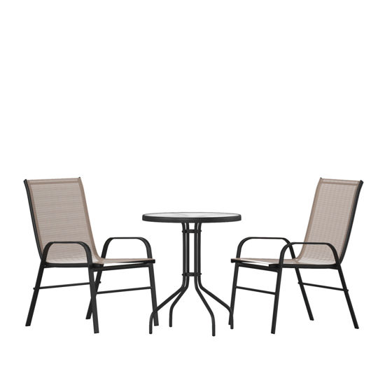 Brazos 3 Piece Outdoor Patio Dining Set - 23.75" Round Tempered Glass Patio Table, 2 Brown Flex Comfort Stack Chairs TLH-0701303C-BN-GG