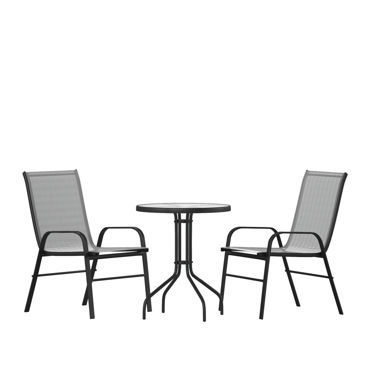 Brazos 3 Piece Outdoor Patio Dining Set - 23.75" Round Tempered Glass Patio Table, 2 Gray Flex Comfort Stack Chairs TLH-0701303C-GY-GG