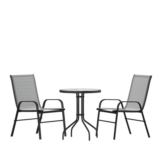 Brazos 3 Piece Outdoor Patio Dining Set - 23.75" Round Tempered Glass Patio Table, 2 Gray Flex Comfort Stack Chairs TLH-0701303C-GY-GG