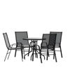 Brazos 5 Piece Outdoor Patio Dining Set - 31.5" Round Tempered Glass Patio Table, 4 Black Flex Comfort Stack Chairs TLH-0702303C-GG