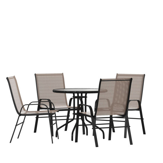 Brazos 5 Piece Outdoor Patio Dining Set - 31.5" Round Tempered Glass Patio Table, 4 Brown Flex Comfort Stack Chairs TLH-0702303C-BN-GG