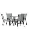Brazos 5 Piece Outdoor Patio Dining Set - 31.5" Round Tempered Glass Patio Table, 4 Gray Flex Comfort Stack Chairs TLH-0702303C-GY-GG
